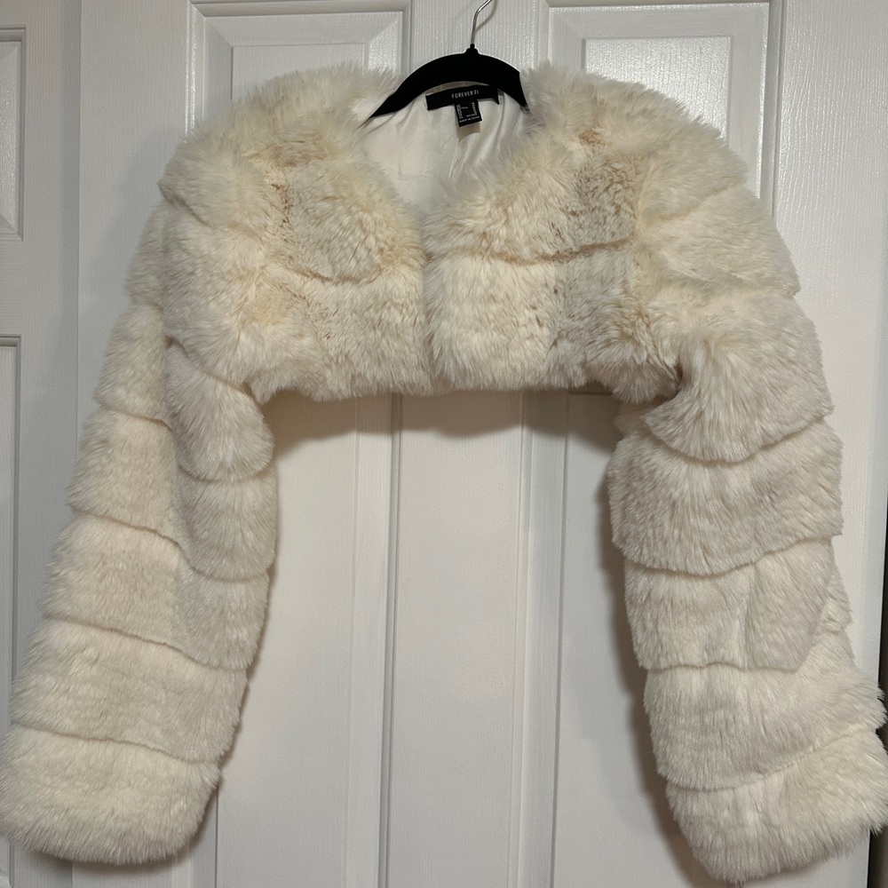 Forever 21 Cream cropped fur jacket